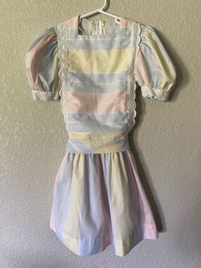Vintage Pastel Striped Puff-Sleeve Dress for Girls - Pink, Blue & Yellow